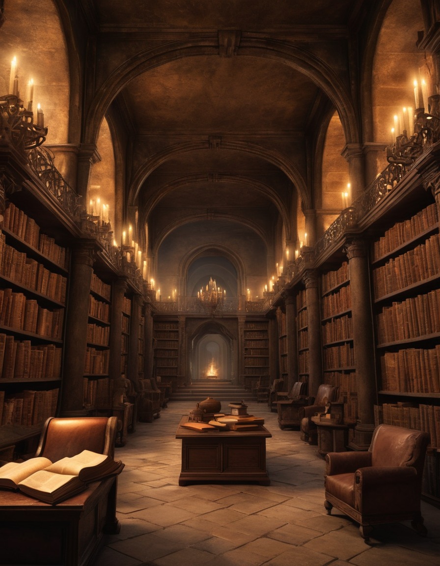 haunted castle, dimly lit, library, forbidden tomes, dusty scrolls, lovecraft, howard lovecraft