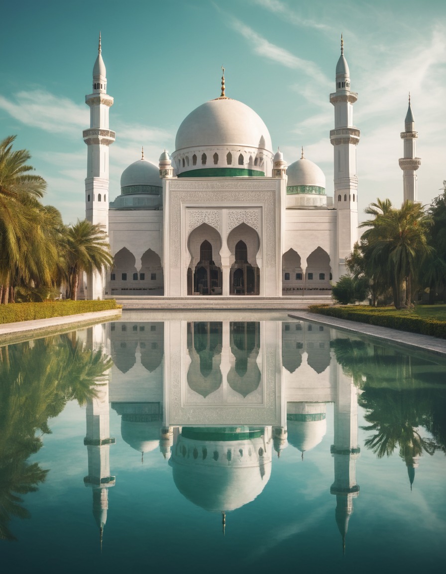 mosque, reflection, pond, tranquil, serene