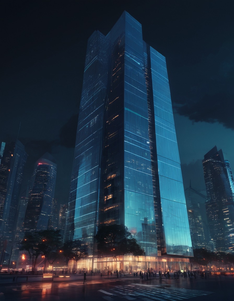 futuristic, skyscraper, glass facade, cityscape, night