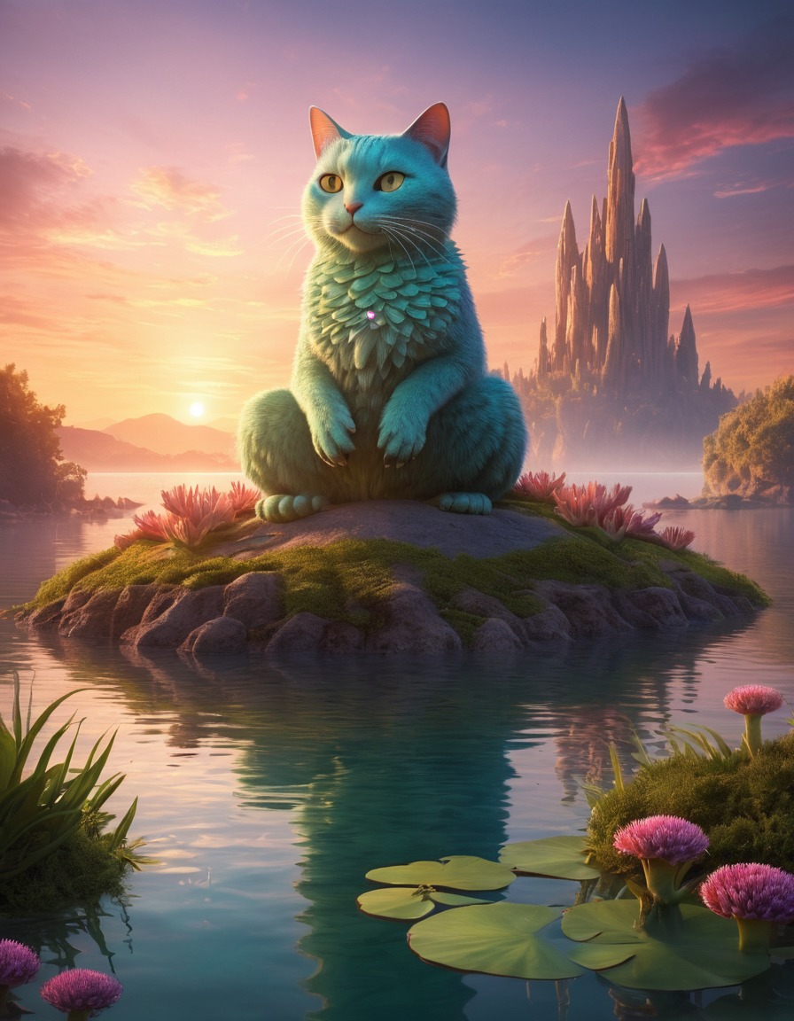 landscape, sunset, mystical, catoblepas, lake, fantasy