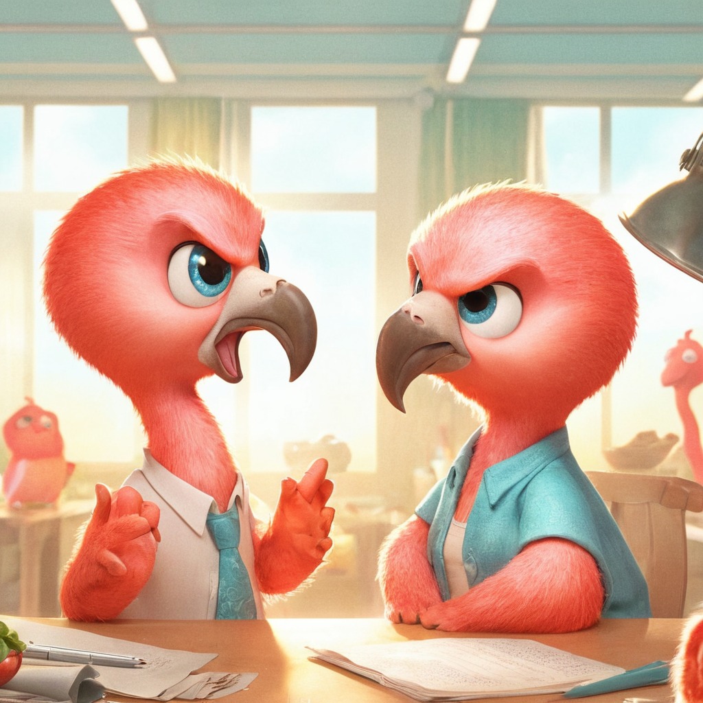 animal, bird, arguments, copilot, dalle3, fighting, flamingo, office, work, aiart