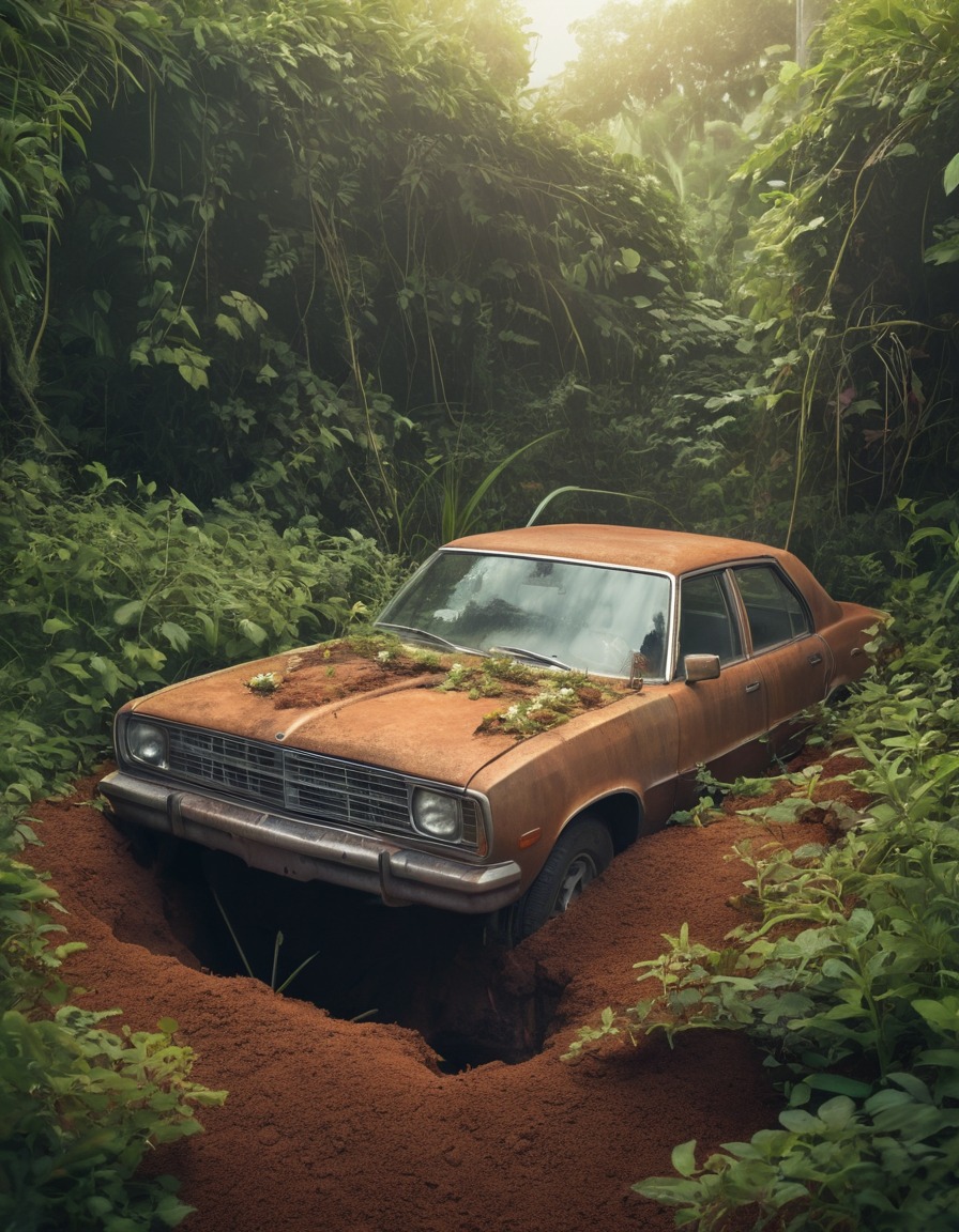 rusted, car, buried, overgrown, plants, fallout, games, tv shows, amazon prime