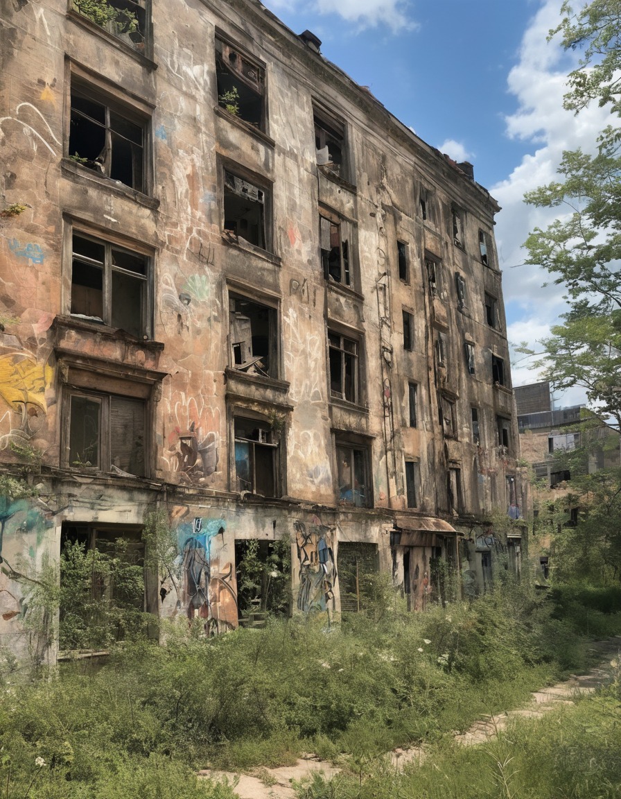 abandoned building, cityscape, urban decay, graffiti