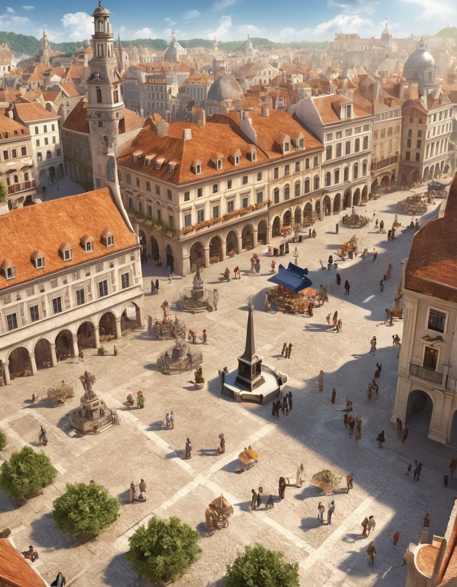 town square, baroque architecture, bustling, activity, urban landscape, architecture