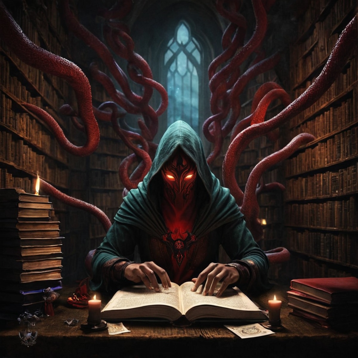 digitalart, magic, horror, lovecraft, books, fantasyart, monster, gothic, bookworm, ai_generated_art