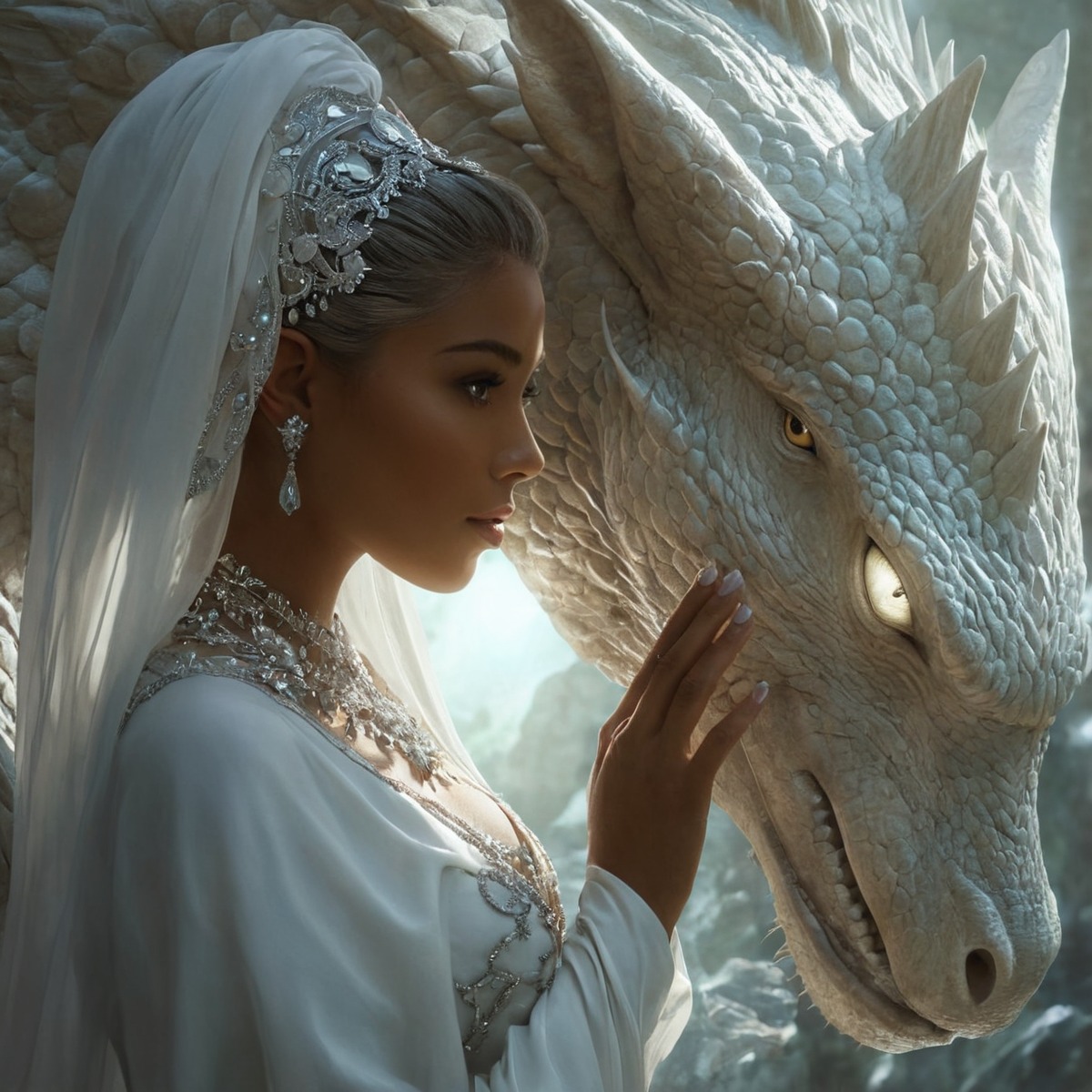 fantasyart, fantasycharacter, dragon, beauty, magic, dungeonsanddragons, fantasy, fantasygirl, mage, sorceress, whitedragon, whitemage, dragonwhisperer, aiart, midjourney, midjourneyai, midjourneyart, midjourneyaiart