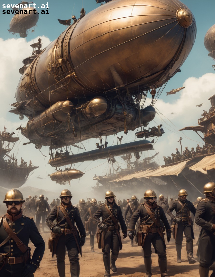 steampunk, army, airship, pilots, mechanical infantry