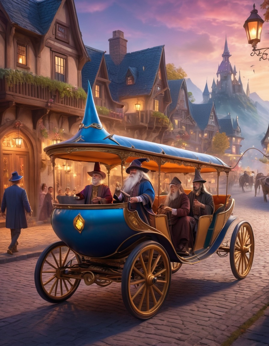 wizard, spellcasting, self-driving carriage, onlookers, tavern, magic, fantasy, medieval, art