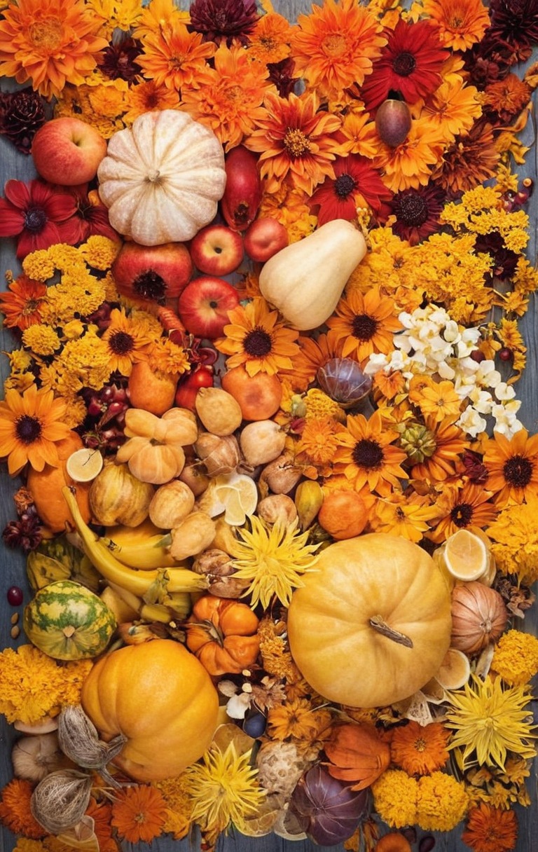 nature, autumn, carrot, colors, flowers, garden, orange, pumpkin, stilllife, vegetables, yellow, flatlay