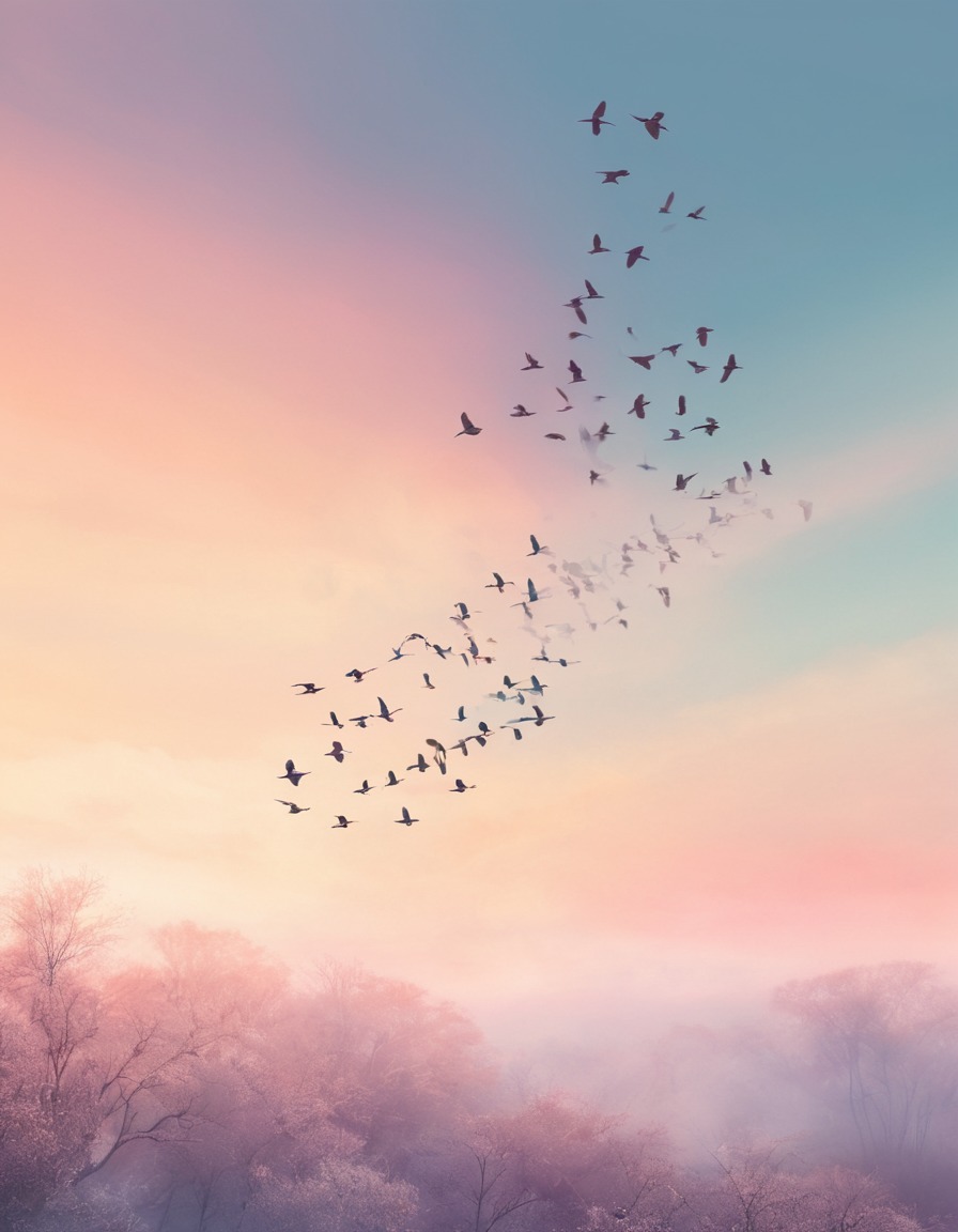 nature, birds, flock, sky, pastel