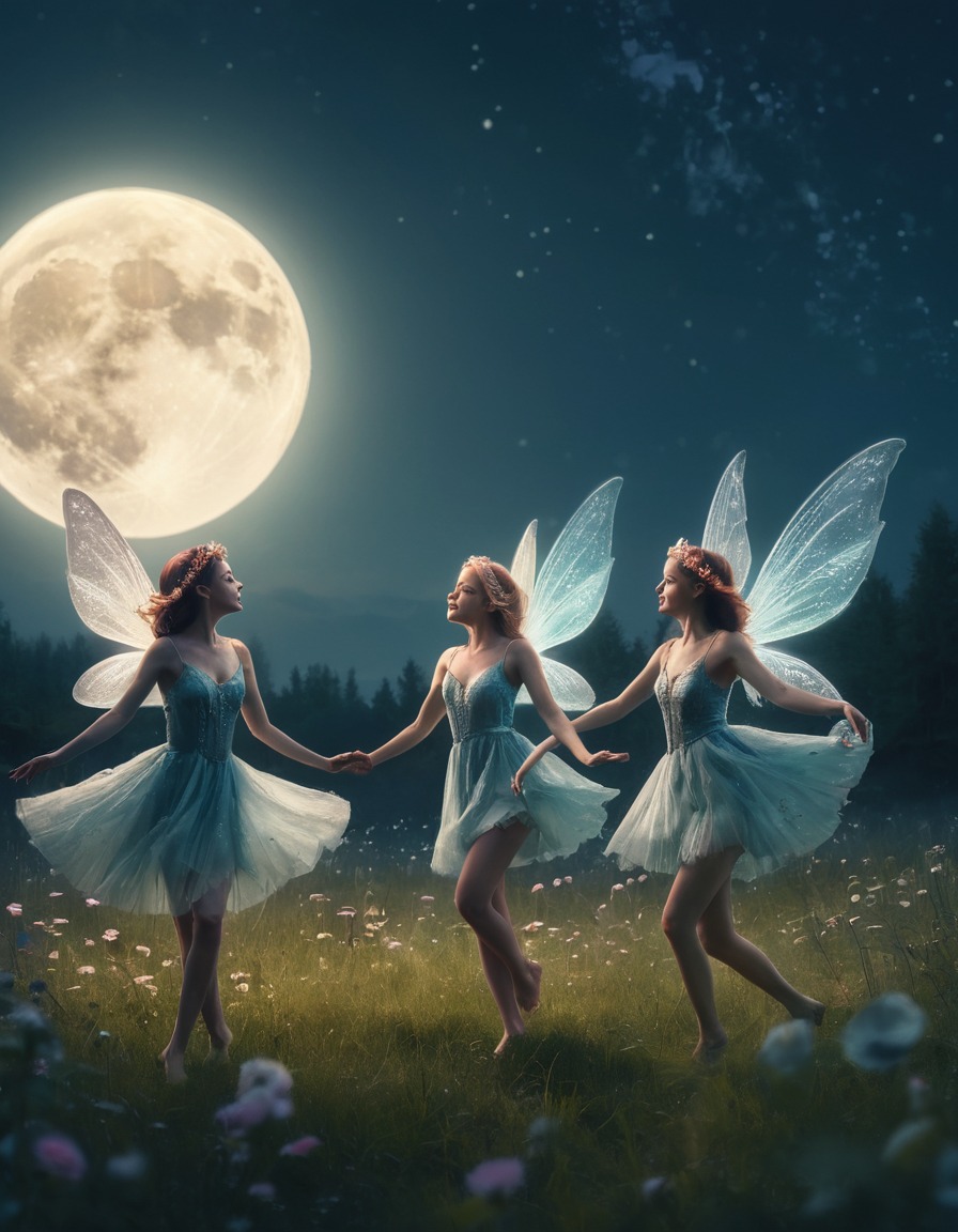 fairies, dancing, moonlight, meadow, magical