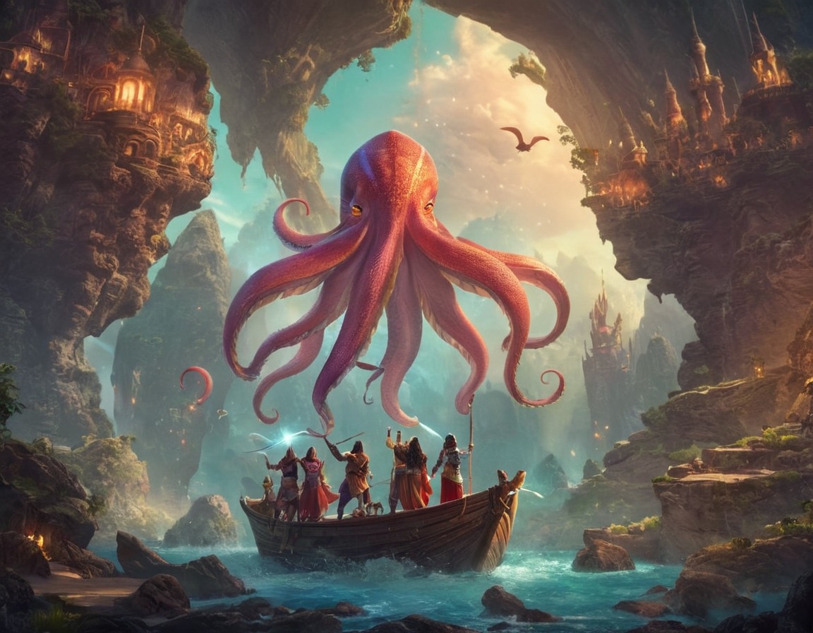 digitalart, octopus, dreamup, fantasyart, sea, boat, squid, dailychallenge, ai_art