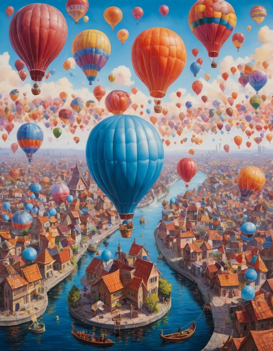 balloons, cityscape, fantasy, whimsical, surreal