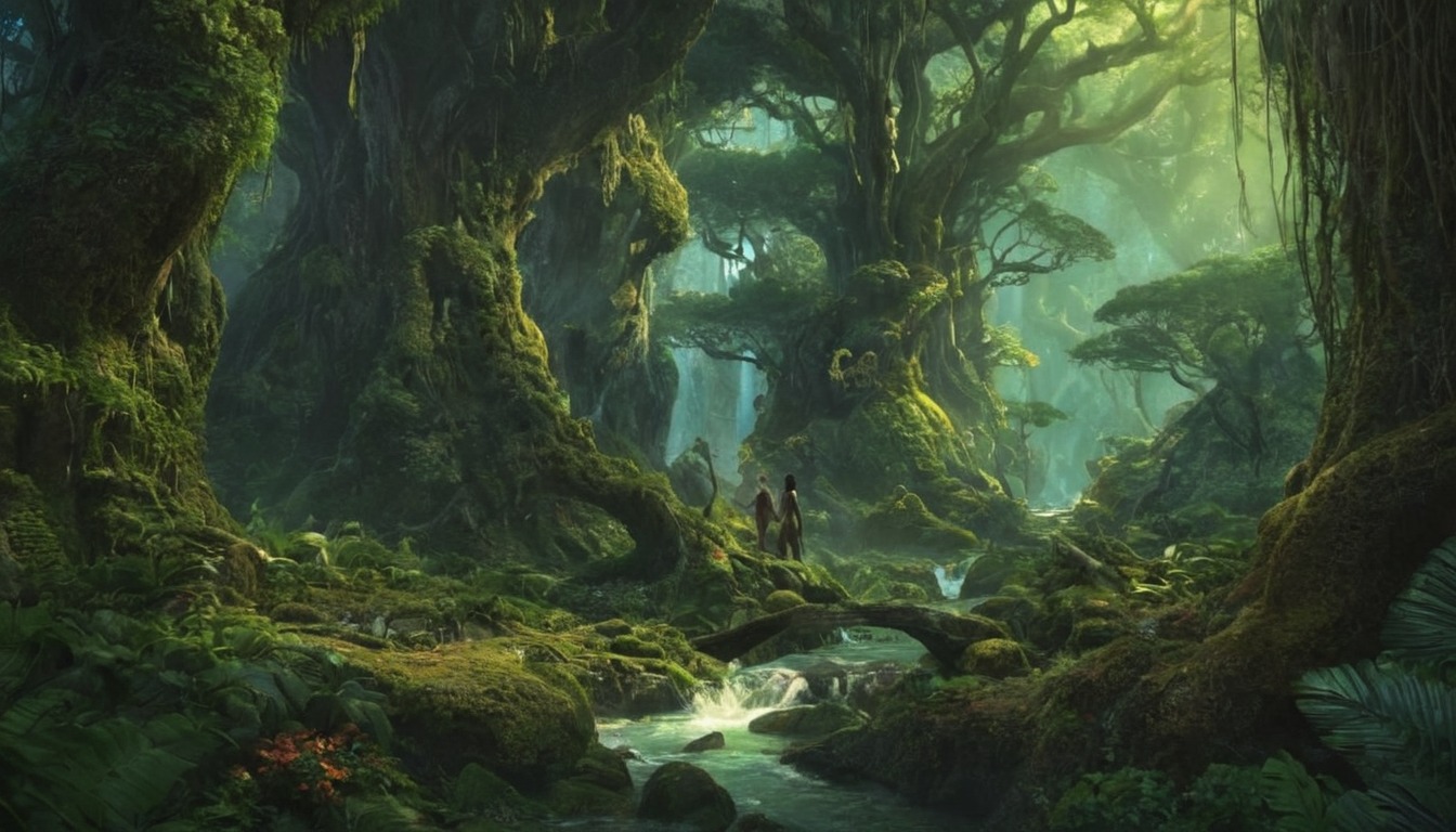 adventure, ancient, calm, fantasy, fiction, forest, green, rainforest, river, small, sobber, vines, wilds, aiart, dreamup