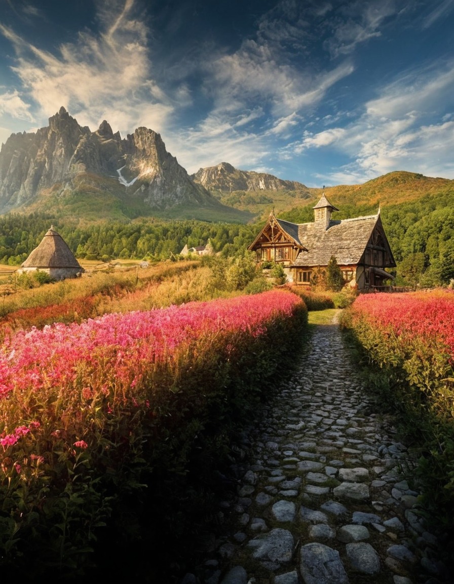 poland, landscape, mountain, cottage, pink flowers, wild flowers, path, nature, flowers, beautiful, petitworld favs