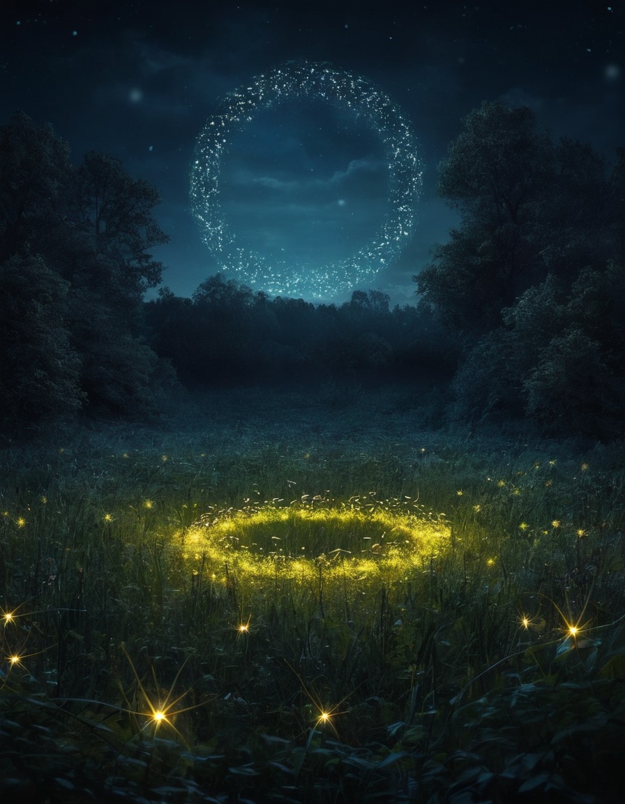 fireflies, moonlit meadow, mystical, nature, magical, night, serene