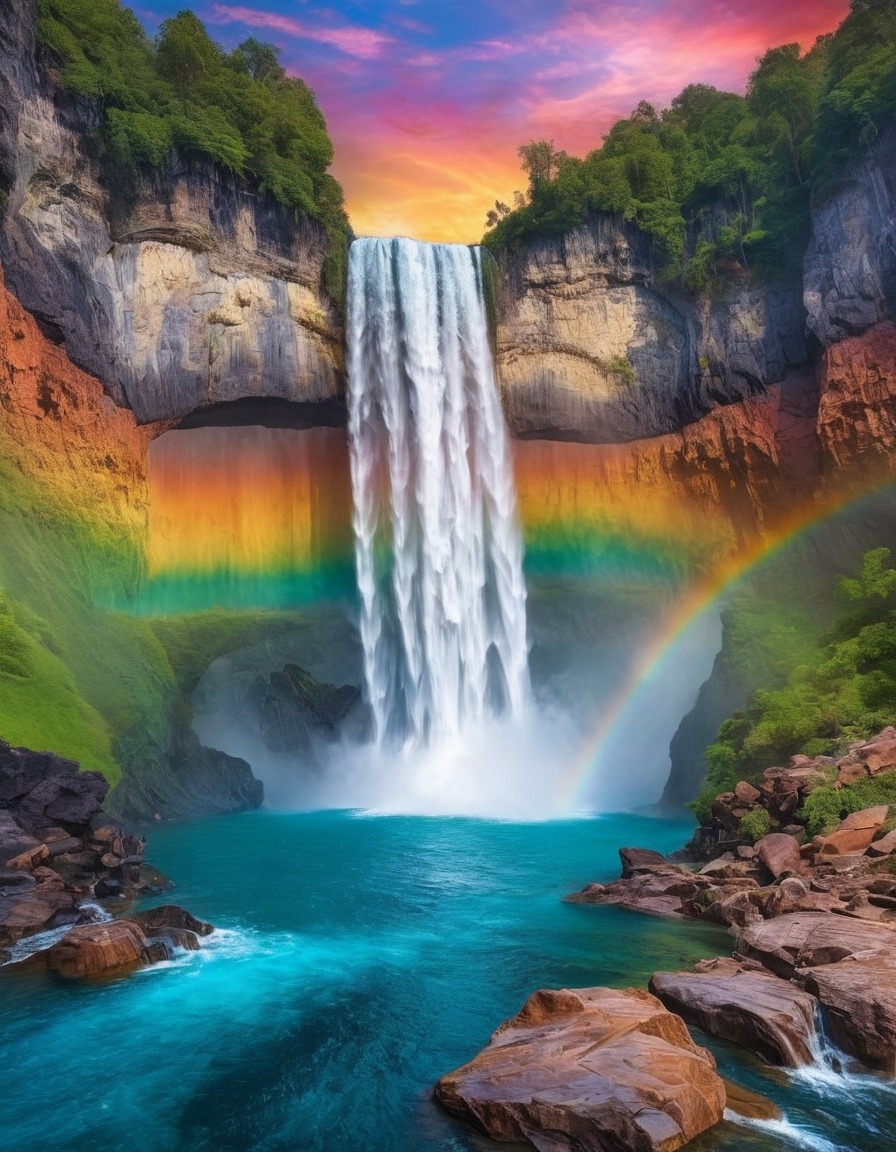 waterfall, rainbow-colored water, nature, spectacular, unusual, scenic views