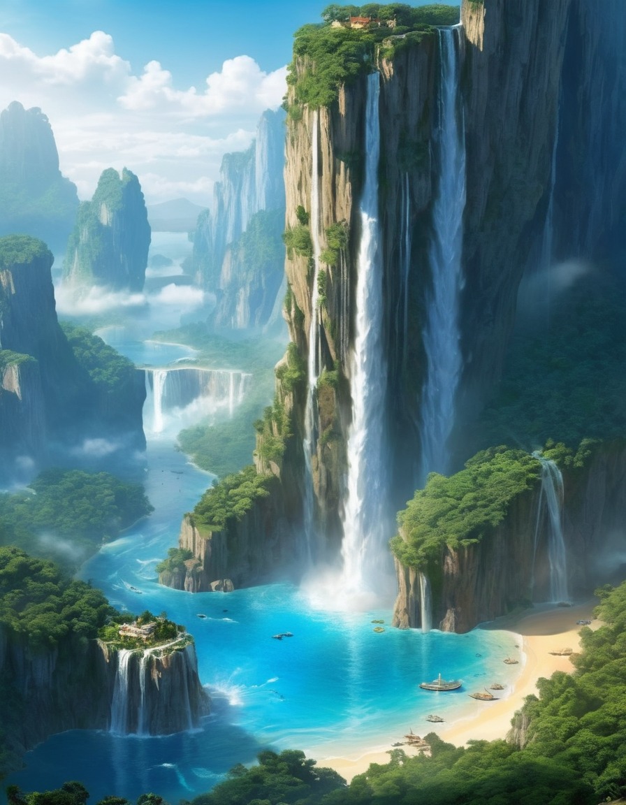 waterfall, majestic, crystal cliff, floating islands, fantastic