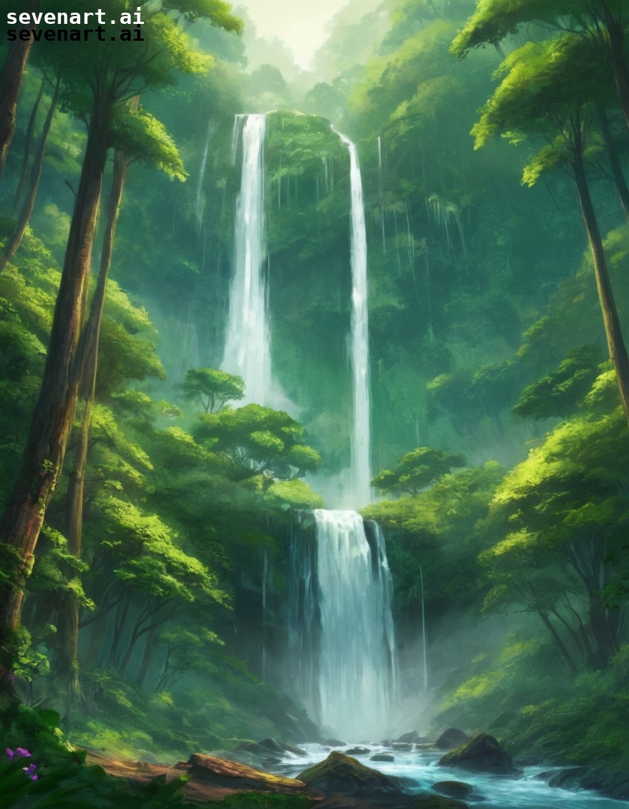 nature, waterfall, lush, forest, serene