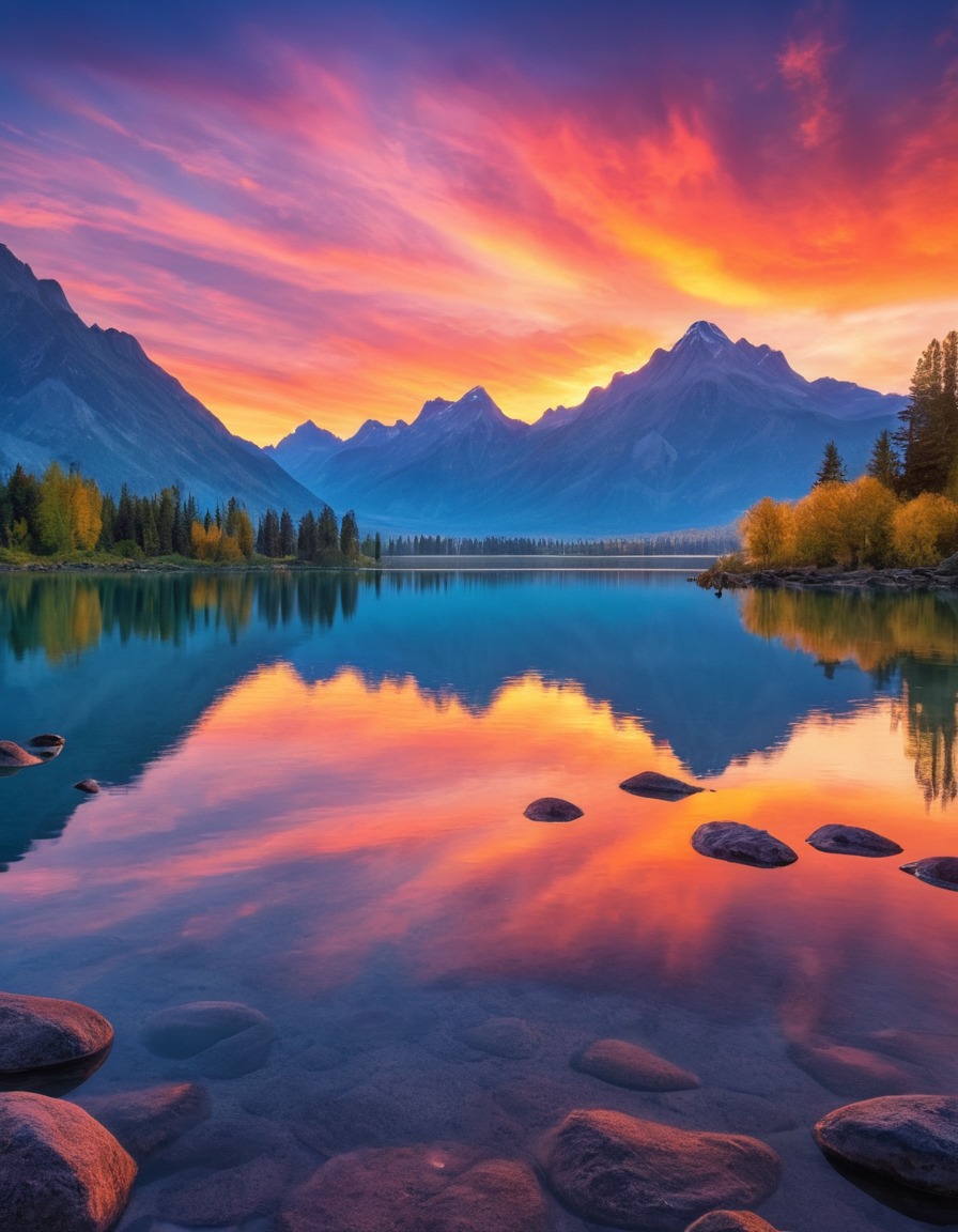 nature, sunrise, lake, mountains, reflection