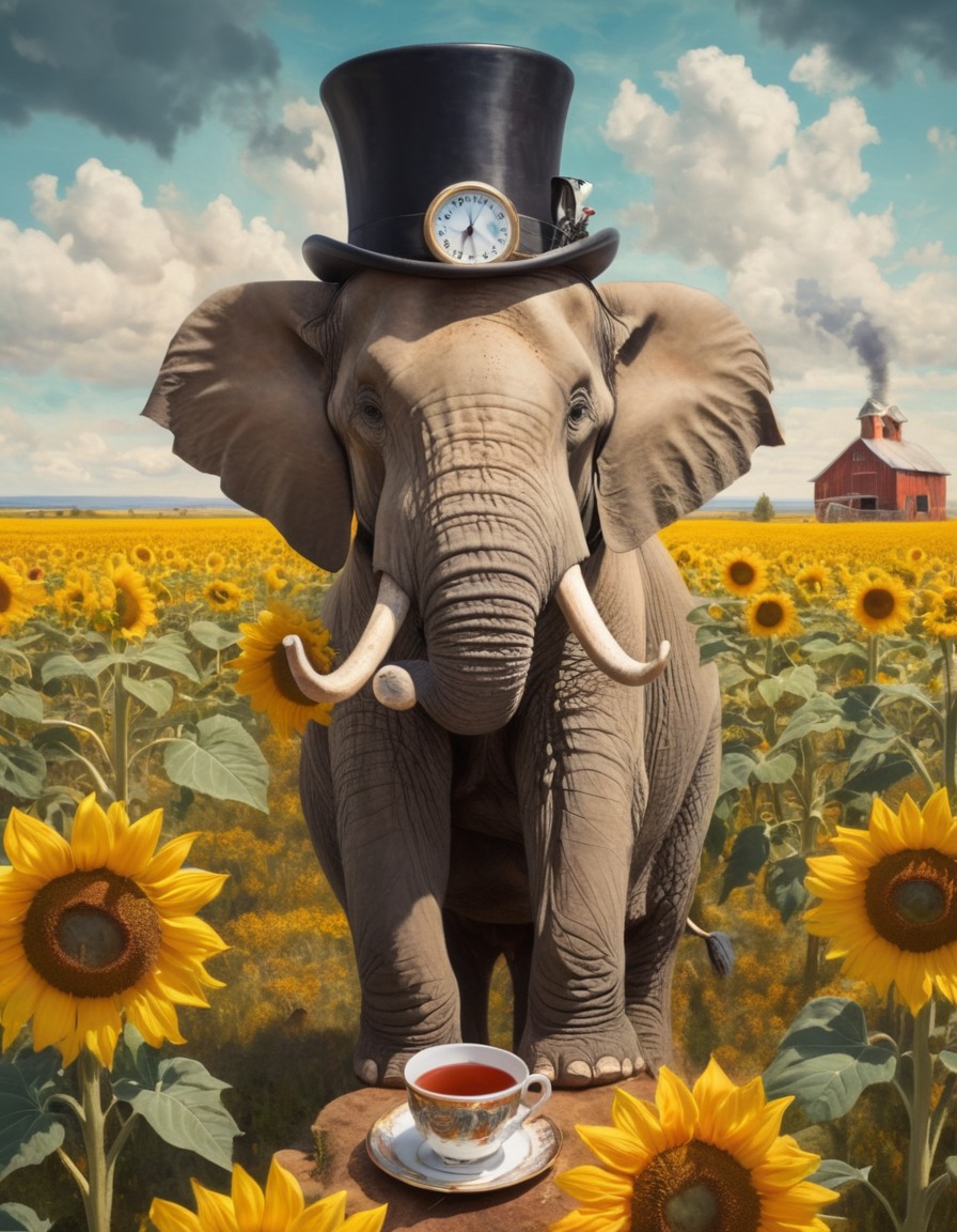 elephant, top hat, monocle, tea, sunflowers, surreal