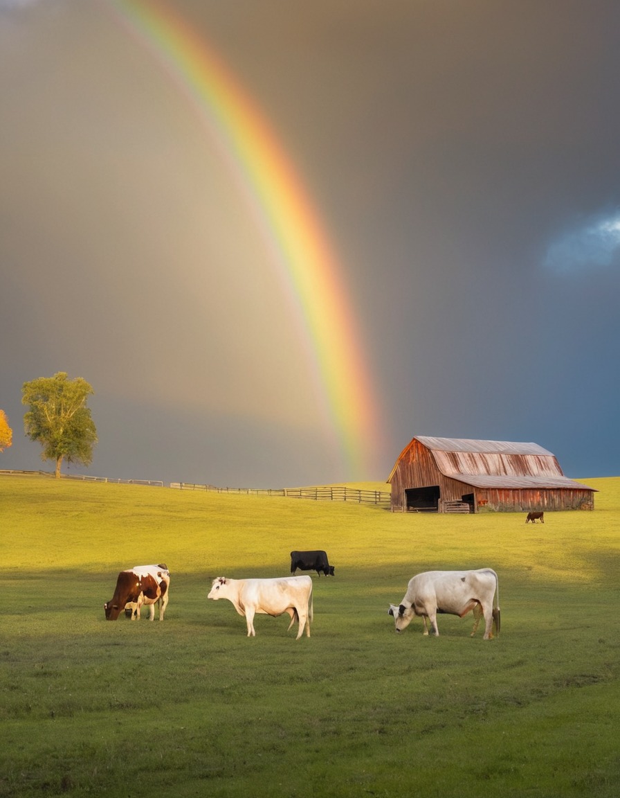 nature, countryside, rainbow, cattle, barn