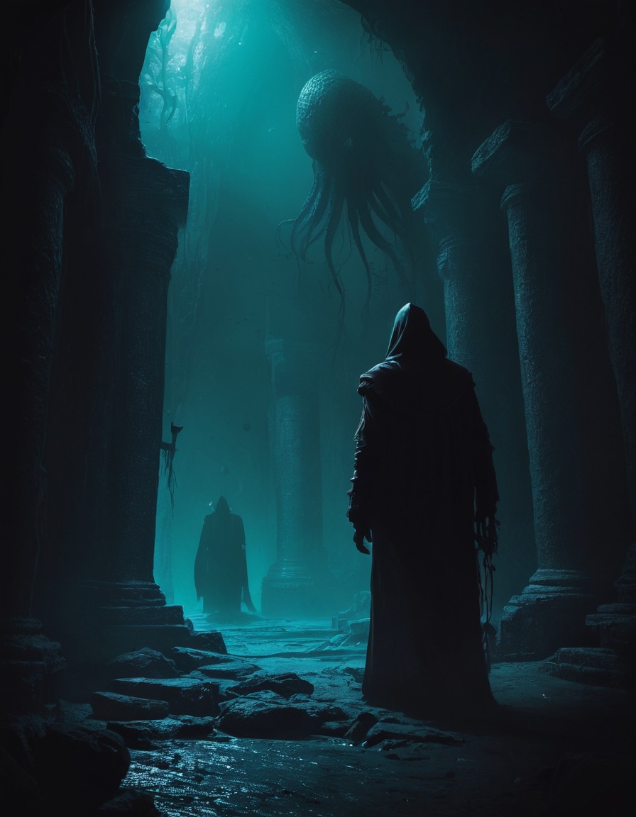 A shadowy figure lurking in the depths of an ancient Lovecraftian city ...