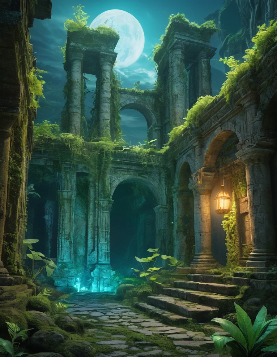 ruins, bioluminescent plants, mystical spirits, ancient, spirits, fantastic