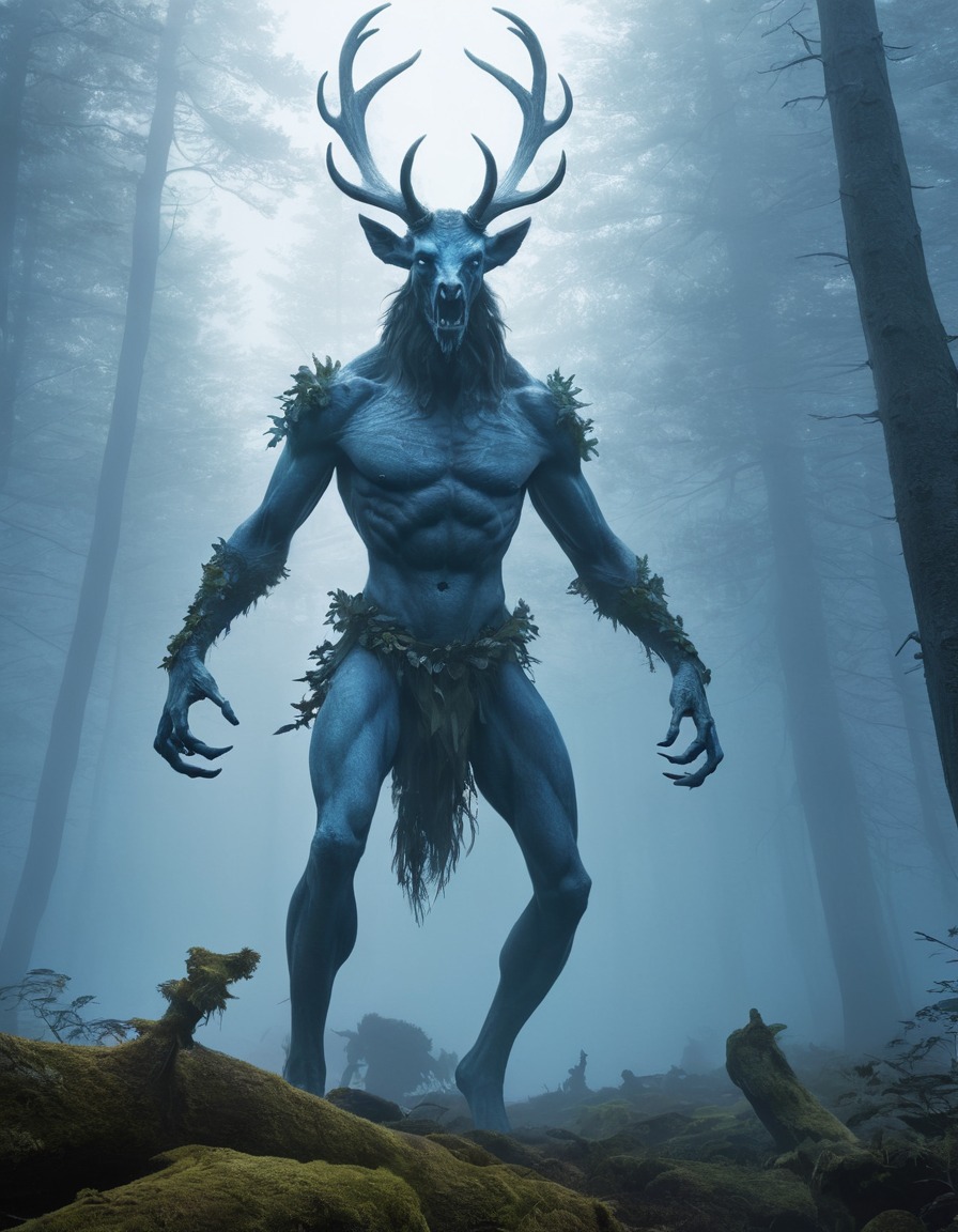 wendigo, mythological creature, forest, mist, folklore