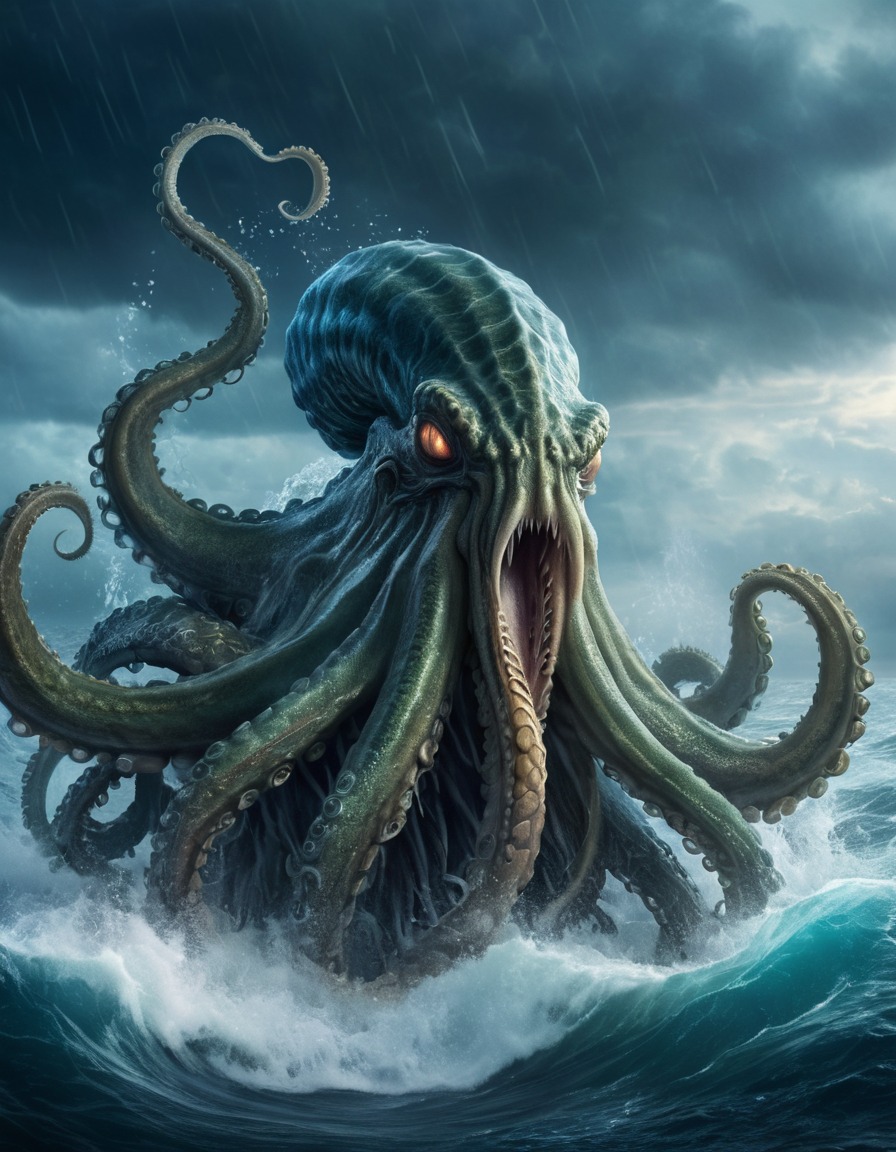 kraken, ocean, stormy, tentacles, mythical creature