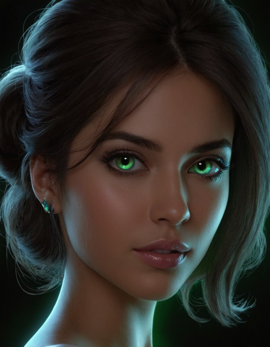 woman, supernatural, mutations, ai, art, genetic modification, bioluminescence, pupils, digitalart, aiart