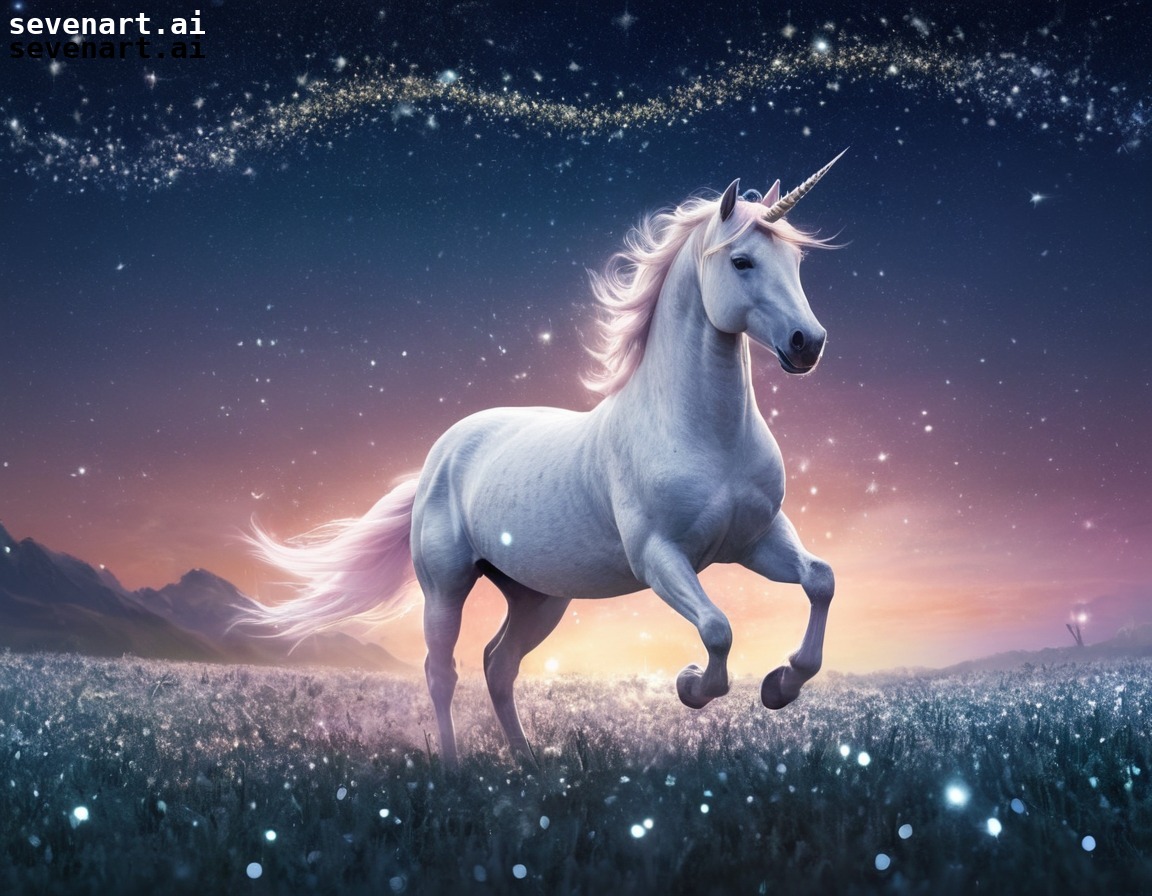 unicorn, galloping, field, crystals, starlit sky, fantasy