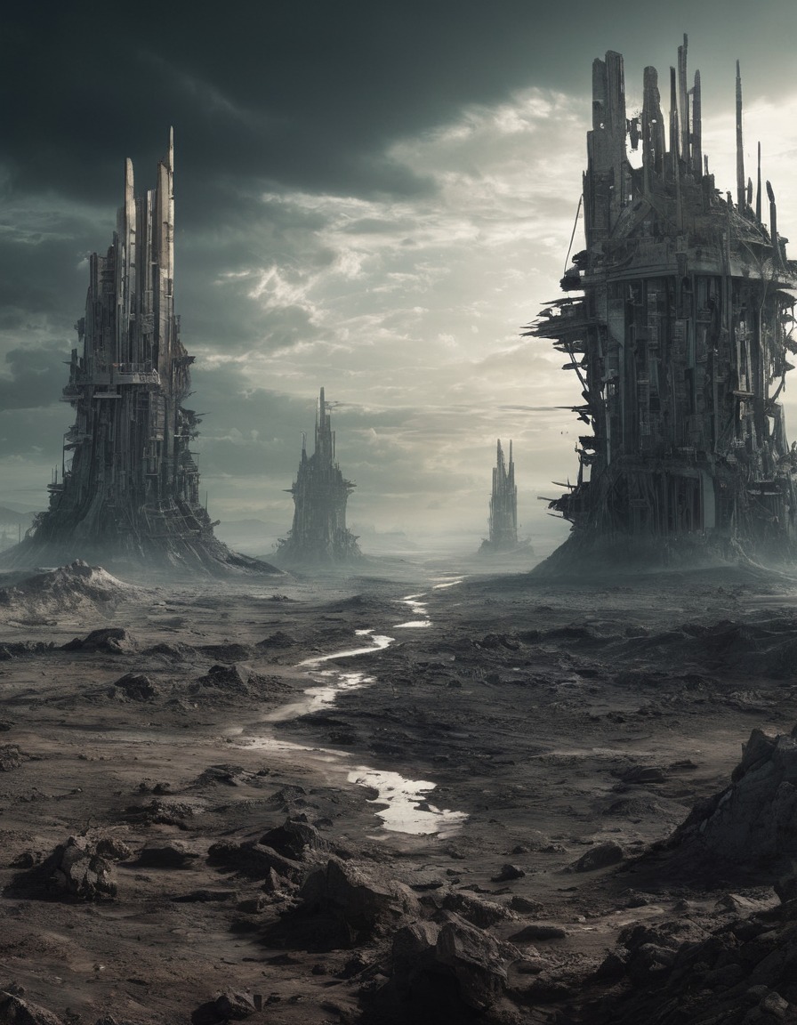 surreal, dystopian, landscape, remnants of civilization, post-apocalyptic, mad max