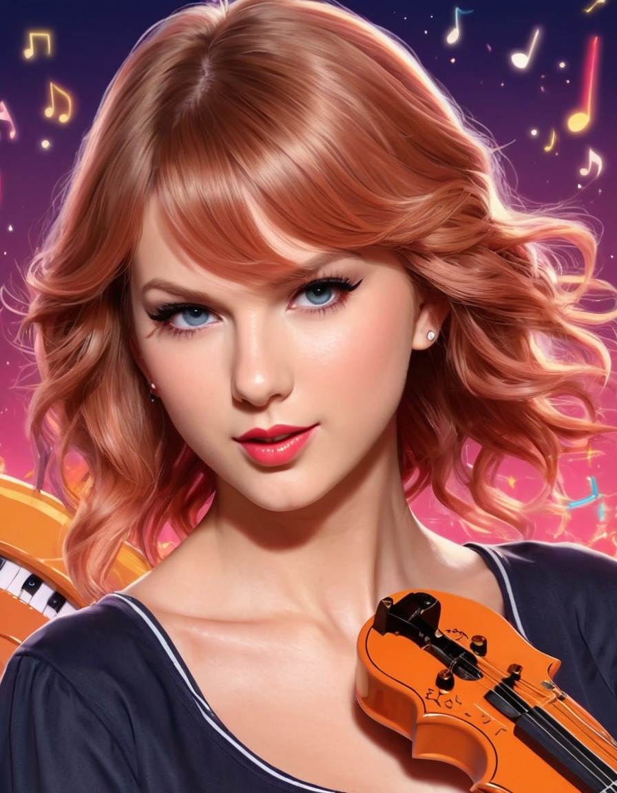 taylor swift, anime, portrait, vibrant hair, musical instrument