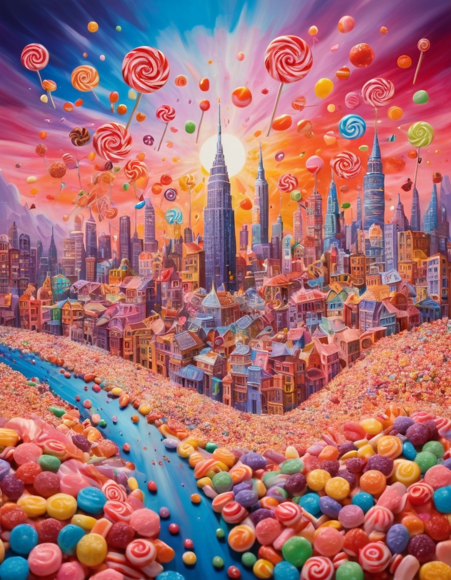 cityscape, skyline, candyland, sweets, whimsical, surreal