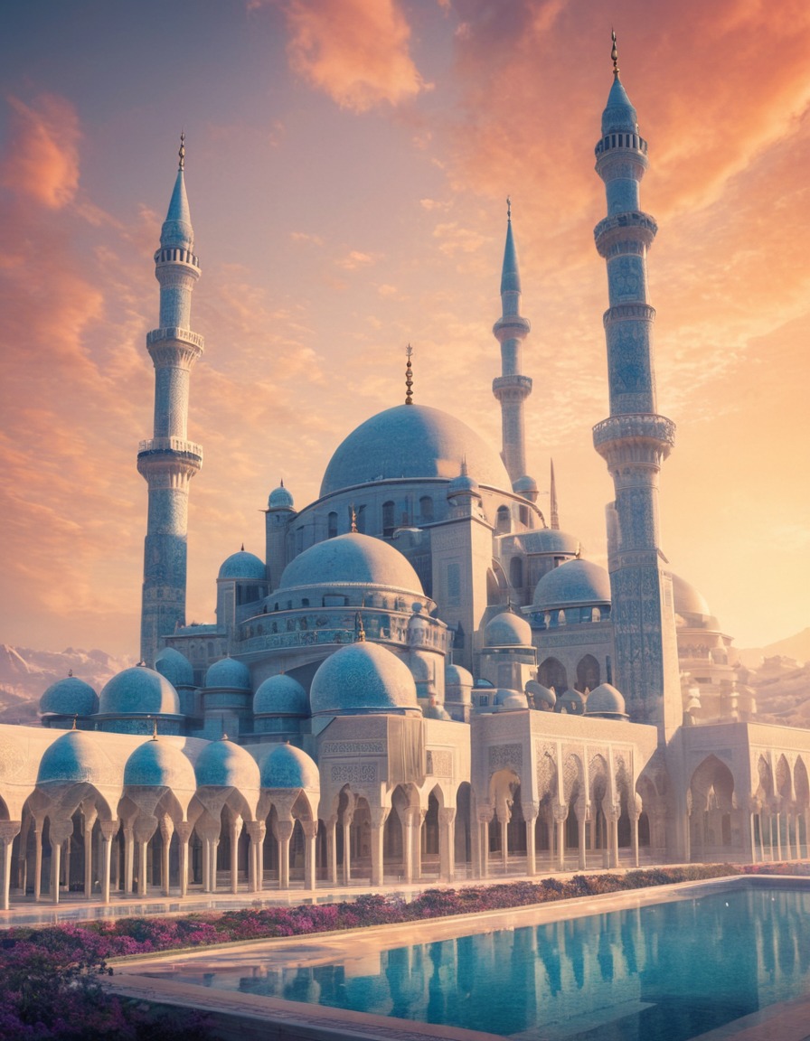 architecture, islamic, mosque, geometric patterns, minarets