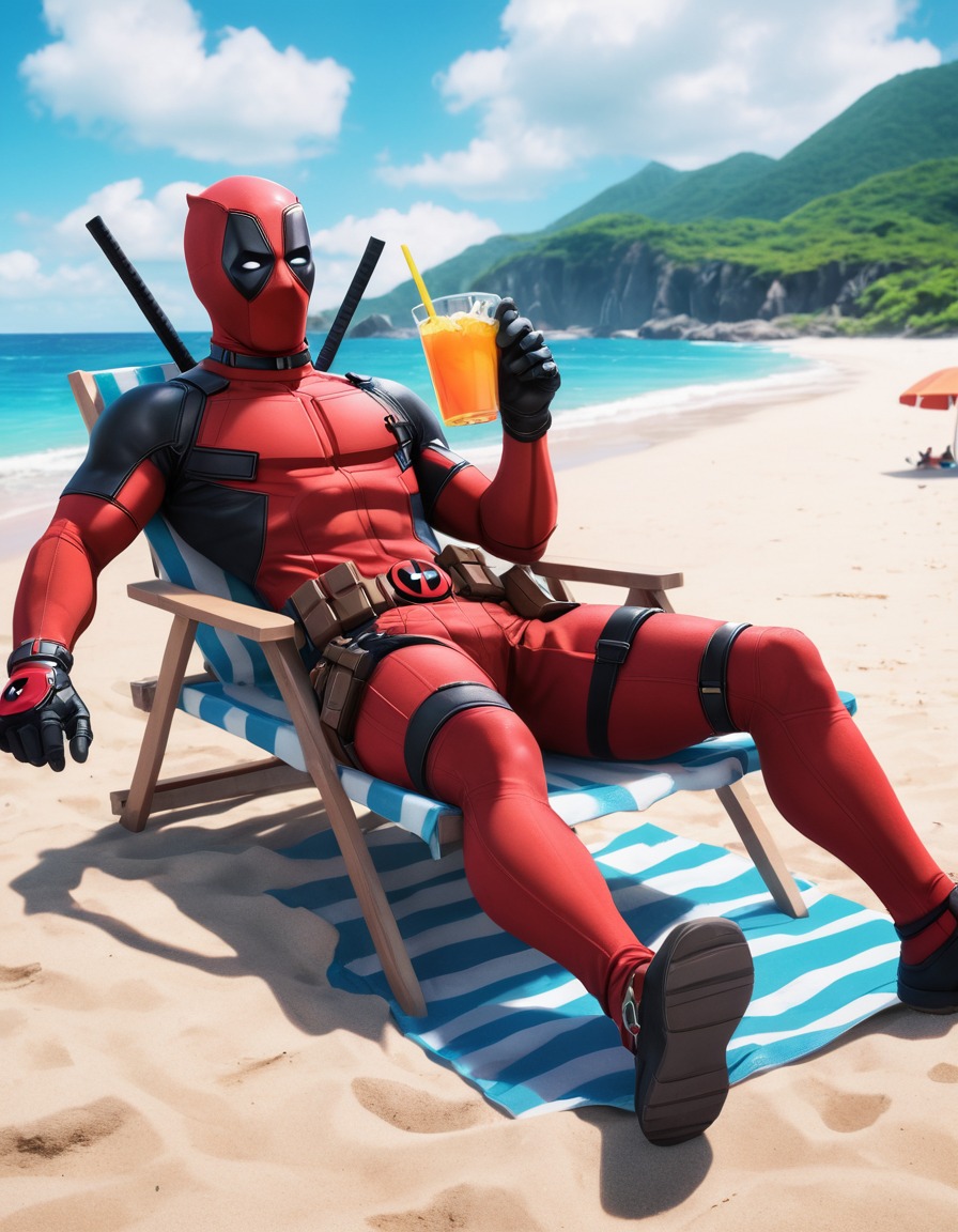 deadpool, superhero, beach, drink, humorous, anime, marvel