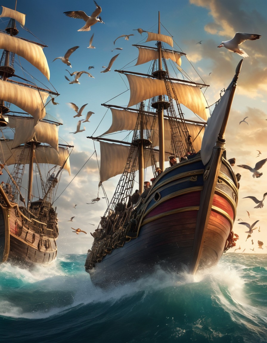 captain hook, pirate ship, seagulls, attack, sailing, adventure, books