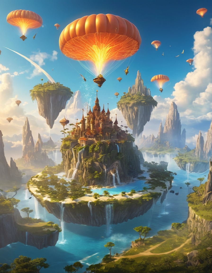 fantasy, floating islands, creatures, wings of fire, fantastic