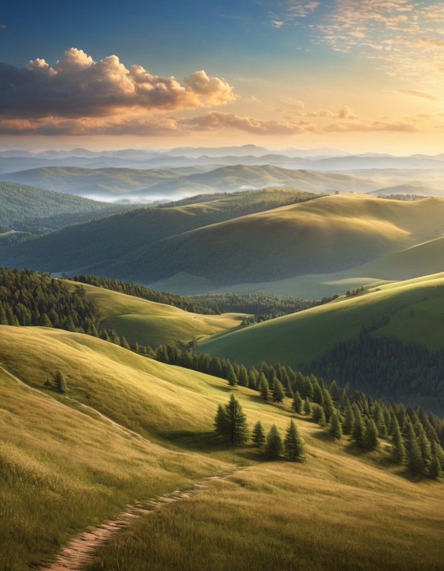 mountaintop view, rolling hills, forests, nature, landscape