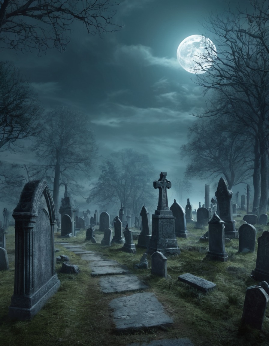 haunted graveyard, ghostly apparitions, fantasy scene, spooky atmosphere, supernatural entities, eerie setting