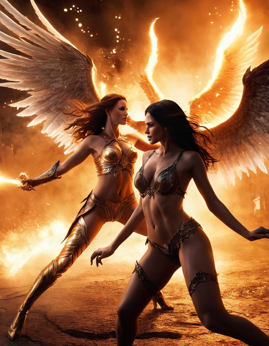 battle, woman angel, demon, fantasy, sparks flying, sexy, erotic