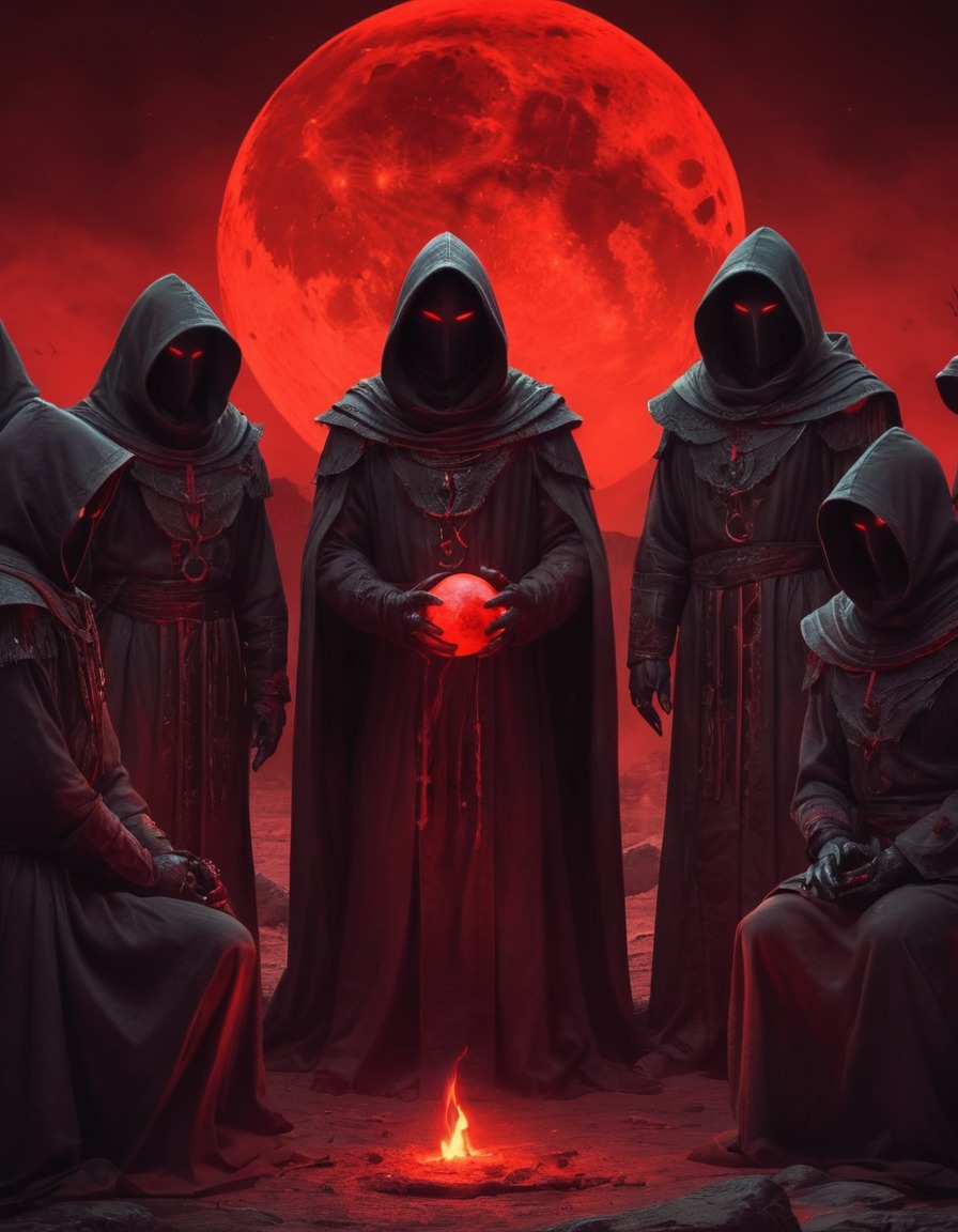 cult, ritual, hooded, forbidden, blood-red moon, lovecraft, howard lovecraft