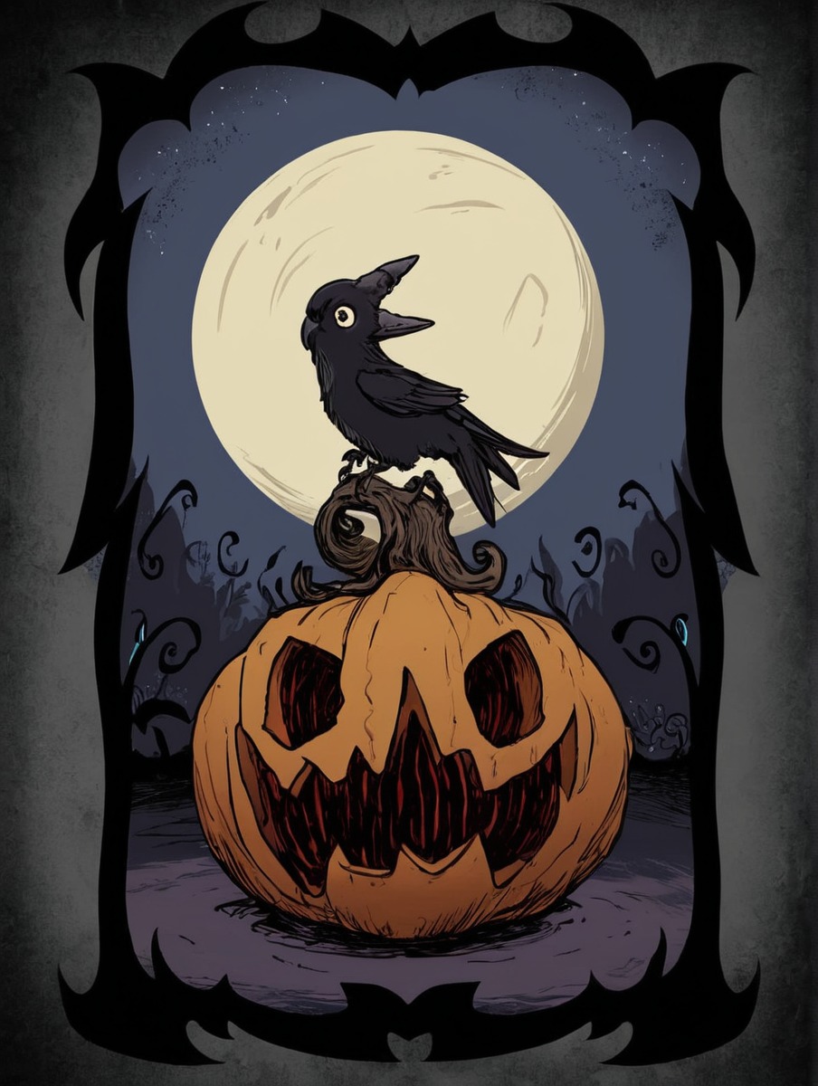 spooky, halloween, cartoon, crow, moon, night, pumpkin