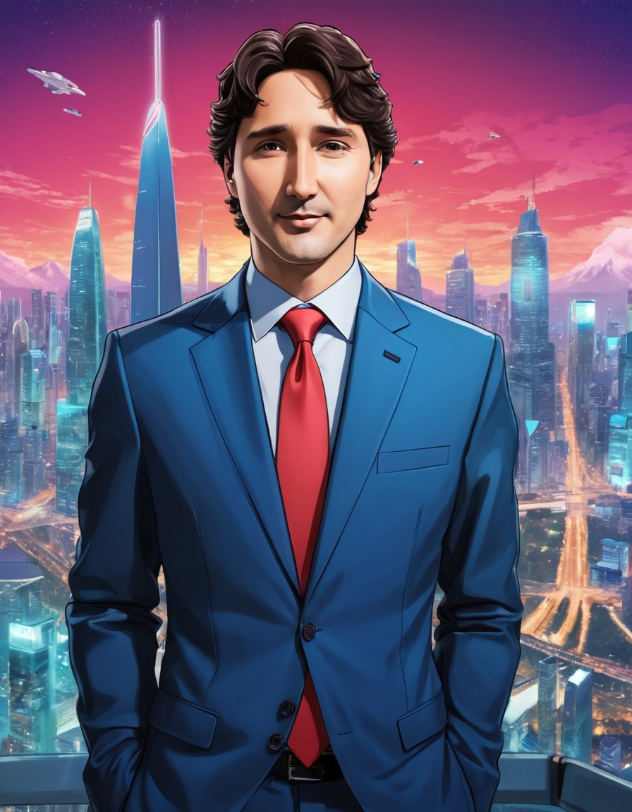 justin trudeau, anime character, diplomatic summit, futuristic city, politics, anime