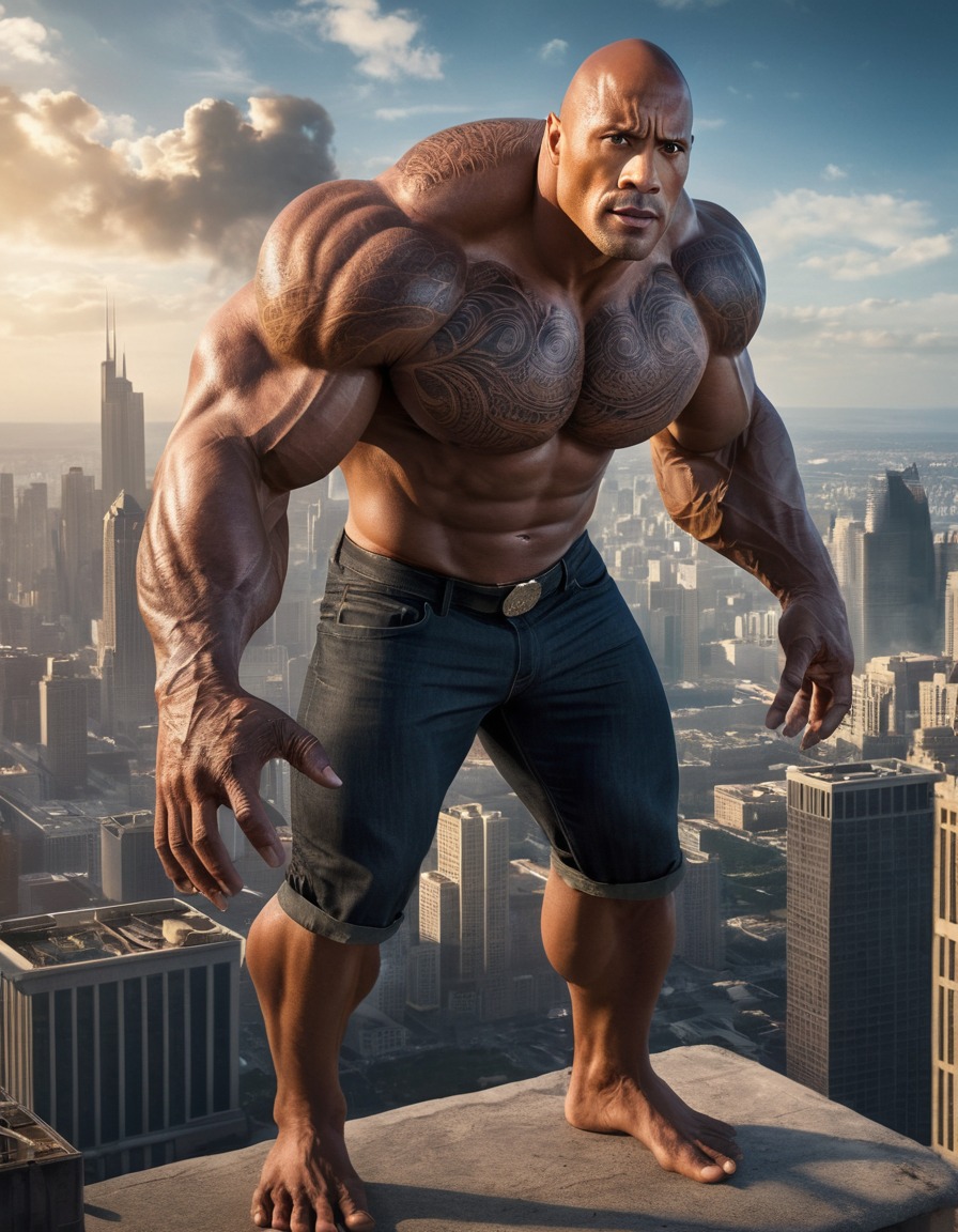 dwayne johnson, monstrous creature, cityscape, transformation, shadow