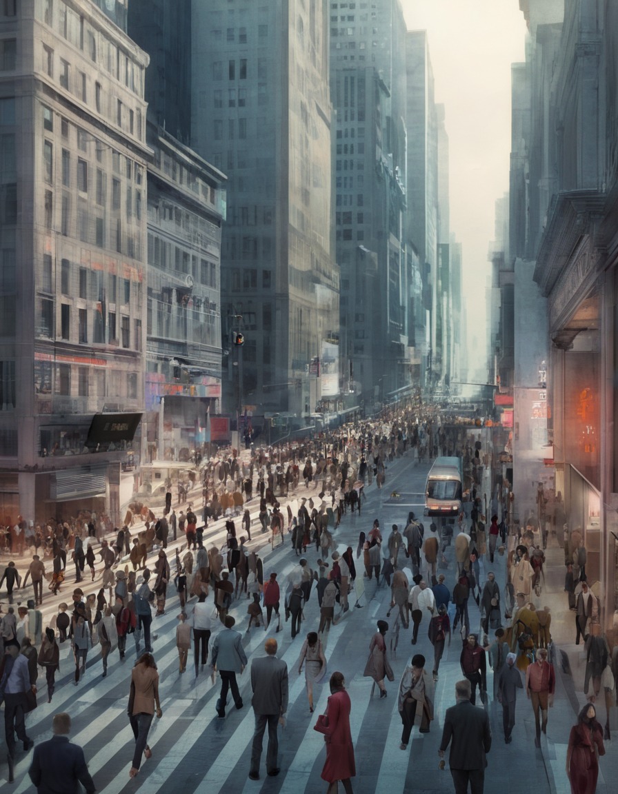 city life, urban, crowded streets, pedestrians, fast pace, modern city, city