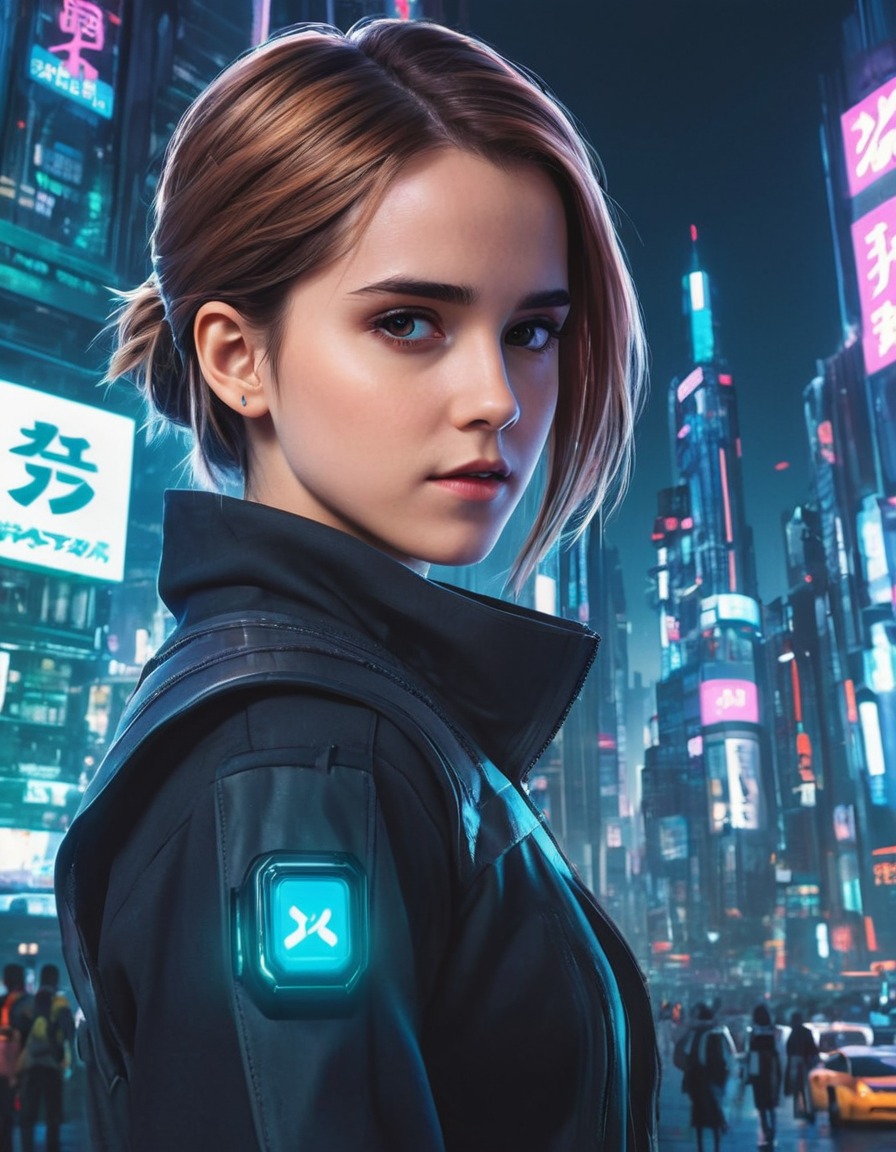 emma watson, anime, futuristic, cyberpunk, cityscape