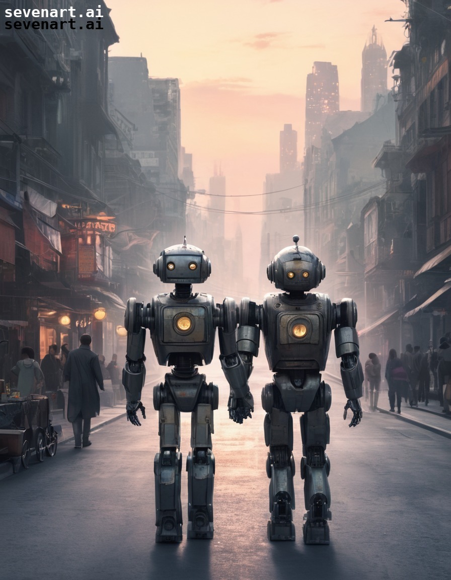 futuristic, love, cityscape, robot, couple, robots