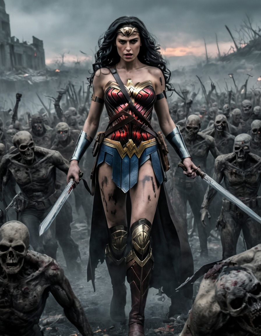 wonder woman, zombie, undead, superheroes, post-apocalyptic landscape, apocalypse, leadership, power